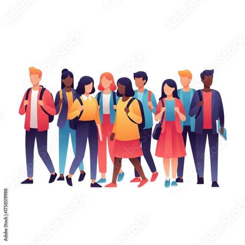 Diverse group of students walking together on college campus, carrying backpacks and books, showcasing unity and academic pursuit in a vibrant and inclusive atmosphere.