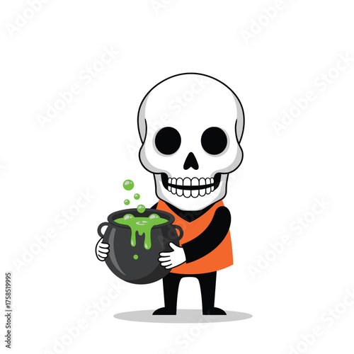 A cute cartoon skeleton character holding a bubbling green cauldron.