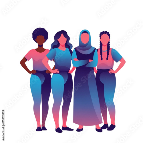 Diverse group of women standing together in solidarity, representing unity and empowerment with vibrant colors and confident poses, radiating strength and inclusivity.