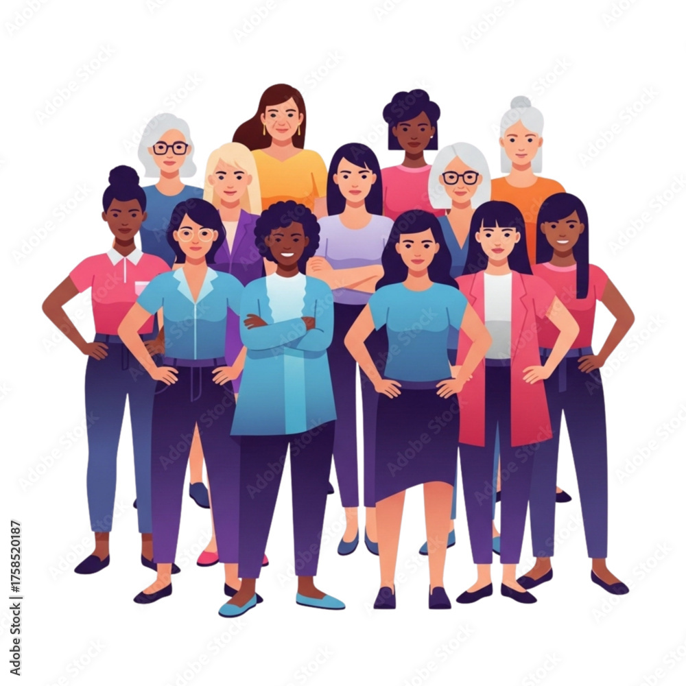 Obraz premium Diverse group of women standing together confidently, representing female empowerment and unity in modern society, showcasing strength and solidarity.