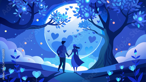 Couple holding hands under a heart moon on transparent background silhouette