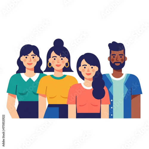 Diverse group of young adults standing together, smiling and looking forward, representing unity and collaboration in a modern, inclusive atmosphere.