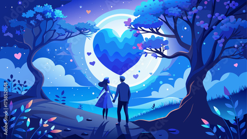 Couple holding hands under heart moon glow on transparent background silhouette
