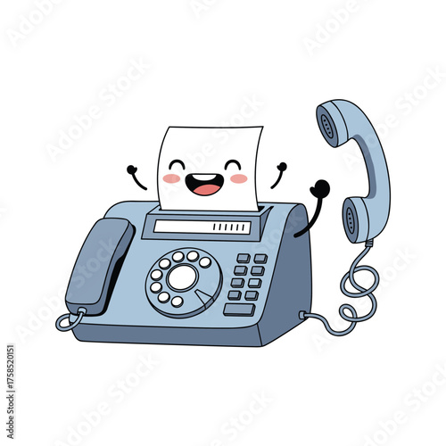 A happy cartoon fax machine with a phone receiver hanging up is joyfully animated.