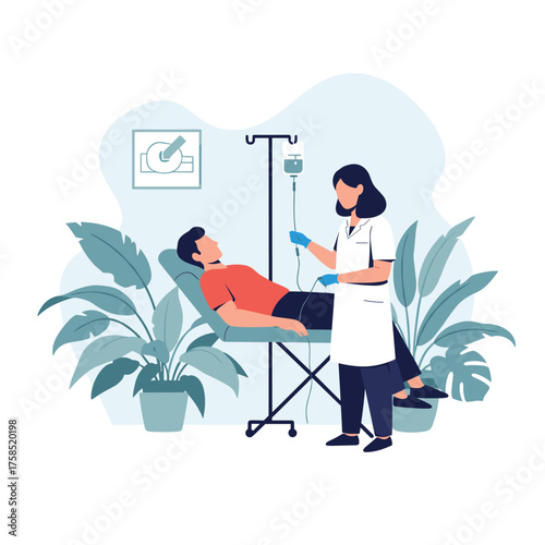 A nurse administers an intravenous infusion to a patient in a hospital room.