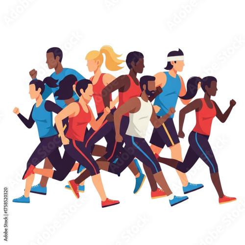 Diverse group of runners competing in marathon race on sunny morning, showing teamwork and determination in vibrant colors.