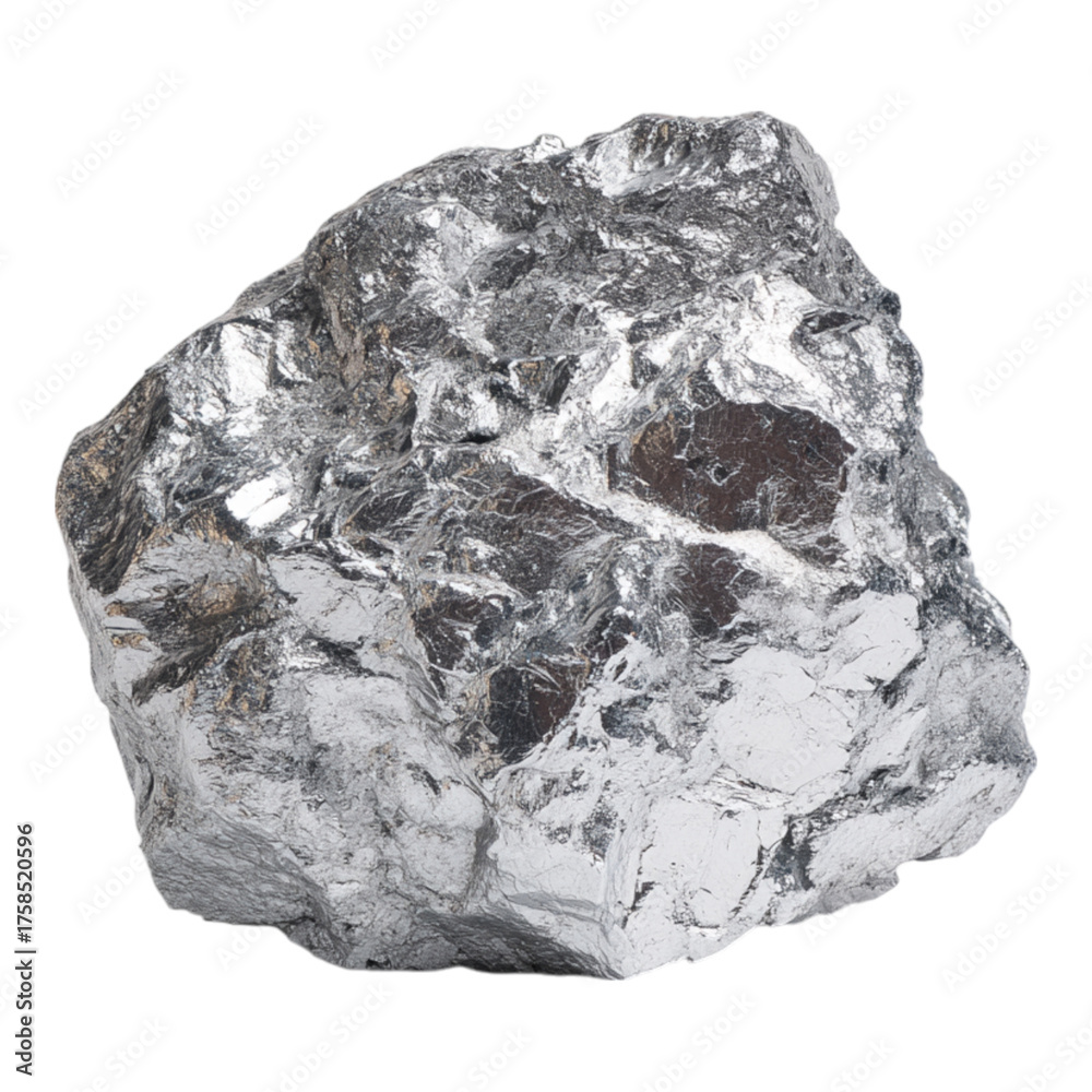 Fototapeta premium A jagged, textured rock with a highly reflective, metallic sheen, isolated on a black background