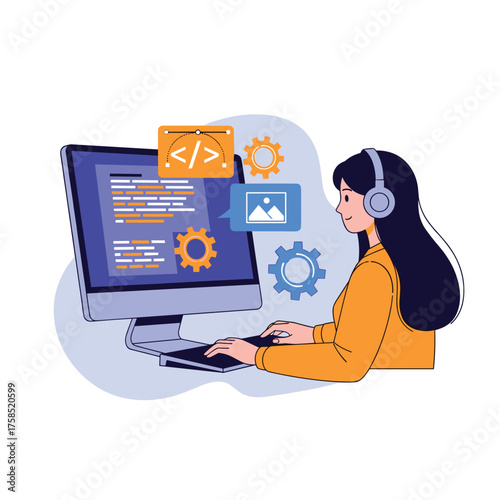 A female coder works on a computer to develop software and create digital content.