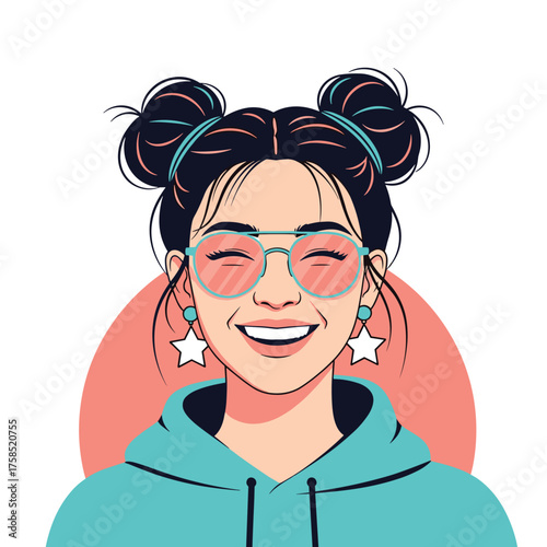 Stylish young woman with trendy sunglasses and fun hair buns smiling brightly.