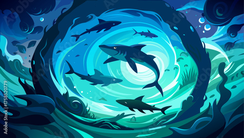 Sharks swimming in ocean cave illustration
