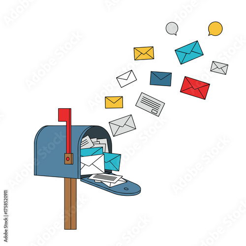 A blue mailbox overflows with letters and envelopes flying out into the air.