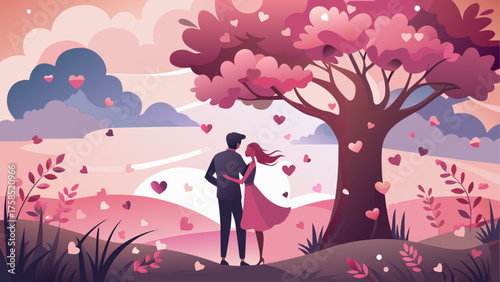 Silhouette couple under a heart filled tree on transparent background