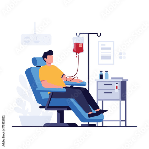 A person donating blood in a comfortable chair with medical equipment nearby.