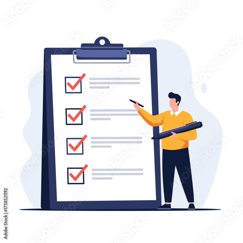 A man is making a list with a pen and clipboard showing four completed tasks.