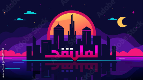 Cityscape silhouette with moon and sunset