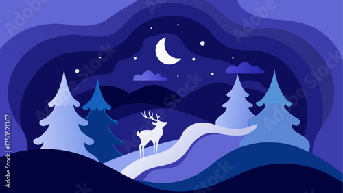 Deer in winter forest at night illustration