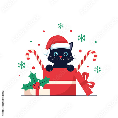 A cute black cat wearing a santa hat peeks out of a christmas gift box surrounded by candy canes and snowflakes.