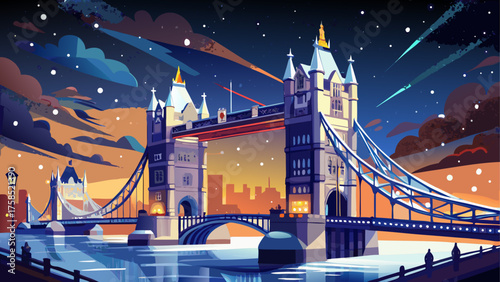 Stylized london bridge at night illustration
