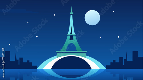 Eiffel tower at night with moon and stars