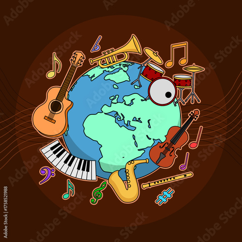 Various musical instruments and musical notes that surround the globe. Perfect for celebrating Universal Music Day in October.