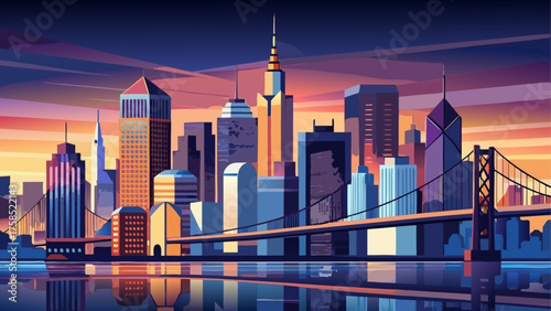 Cityscape view with bridge at sunset time