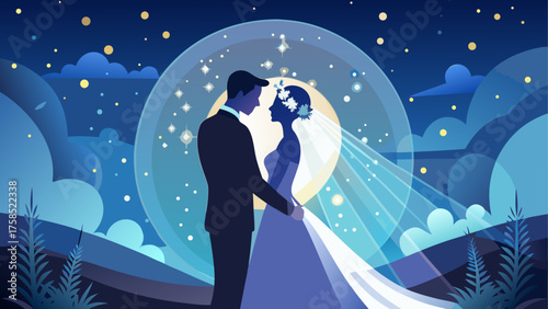 Silhouette couple wedding night scenery