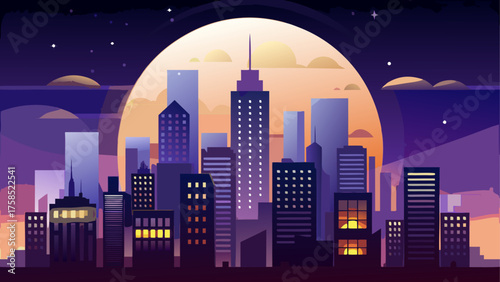 City skyline against a moonlit backdrop