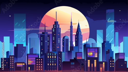 Cityscape silhouette with a large moonrise