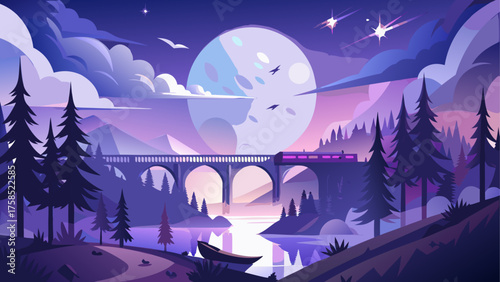 Train crossing bridge at night landscape