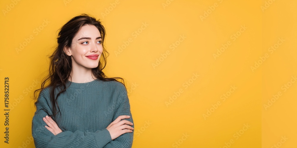 Obraz premium Model's head raised and looking forward,smiling,arms crossed,copy space,yellow background,banner