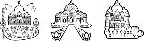 Black and White Line Art Depicting Hindu Temple and Architecture