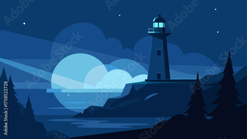 Lighthouse scene at night with trees near