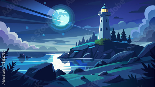 Lighthouse and moonlit coastal landscape