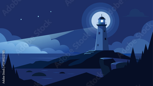 Lighthouse shining at night with moonlight