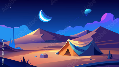 Camping tent under moonlit mountain view