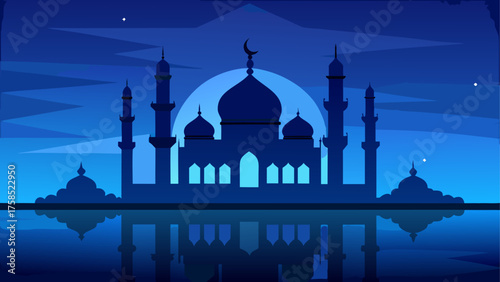 Silhouette of mosque at night reflection