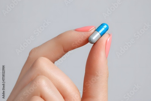 A hand holds a blue and gray pill capsule between two fingers.