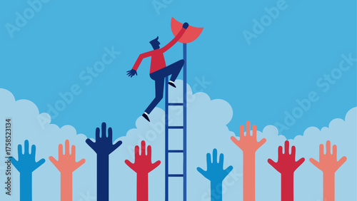 Man climbing ladder reaching red object top