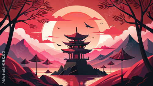 Japanese pagoda at sunset in mountains