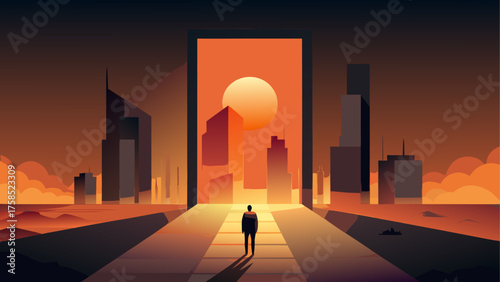 Silhouette man walking toward sunset scene
