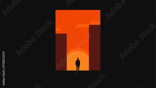 Person walking toward city gate at sunset