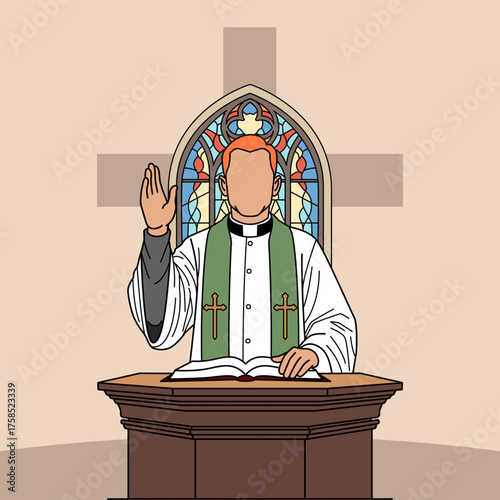 A pastor giving a blessing from behind his pulpit inside a church. Perfect for celebrating Pastor Appreciation Day in October.