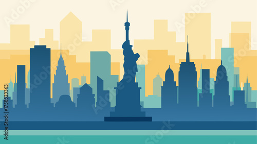 Silhouette of new york city with statue