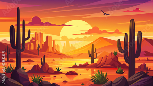 Desert landscape with cacti and sunset sky