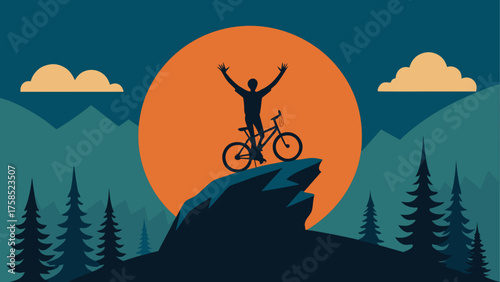 Silhouette cyclist on mountain at sunset