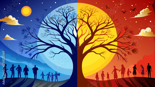Day and night tree with people silhouette