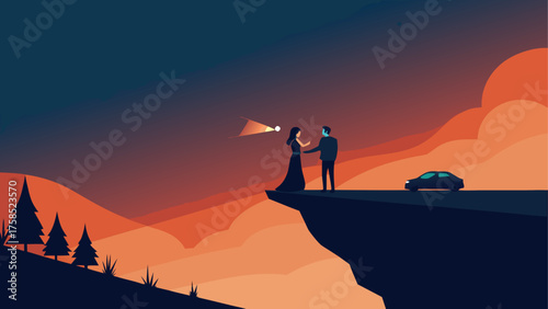 Couple watching sunset on a mountain peak