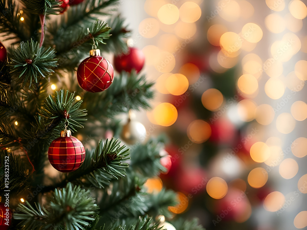 Obraz premium Beautiful festive decorations on the Christmas tree on the background of transparent golden bokeh. Cute retro Christmas and New Year background with copy space.