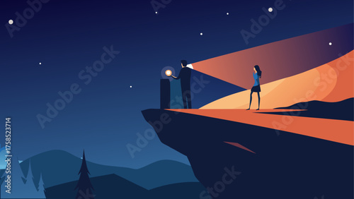 People standing near a cliff at nighttime