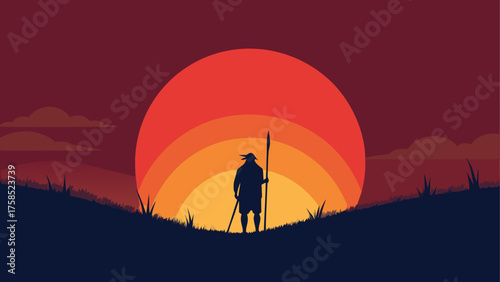 Silhouette figure watching sunset by lake